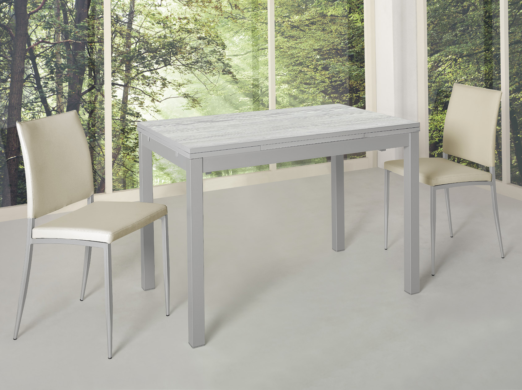 Mesa cocina de cristal templado y estructura metálica gris de 110x70  extensible.